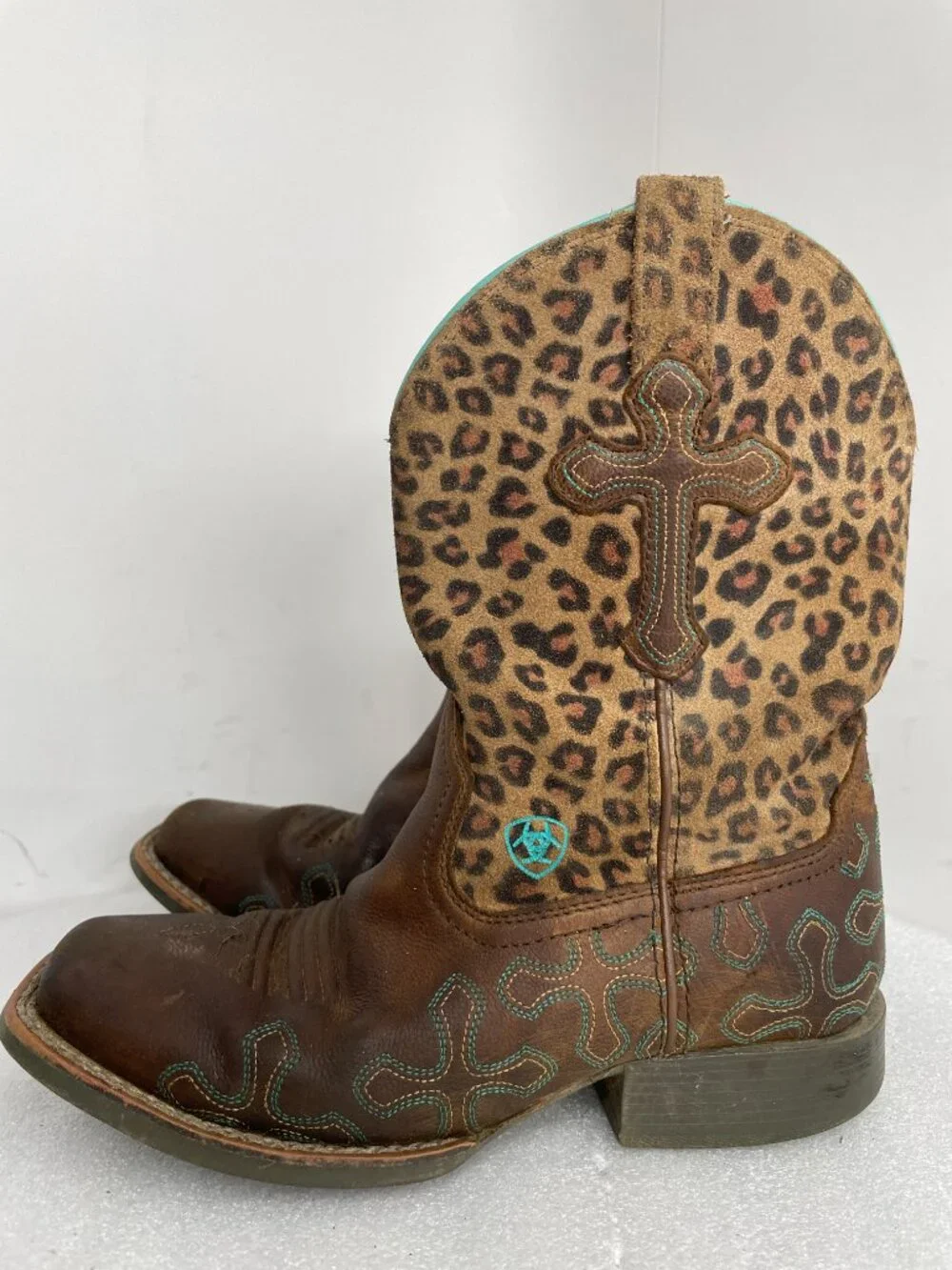 Ariat Crossroads Leopard Cross Leather Western Square Toe Boots Girls Kids 1
